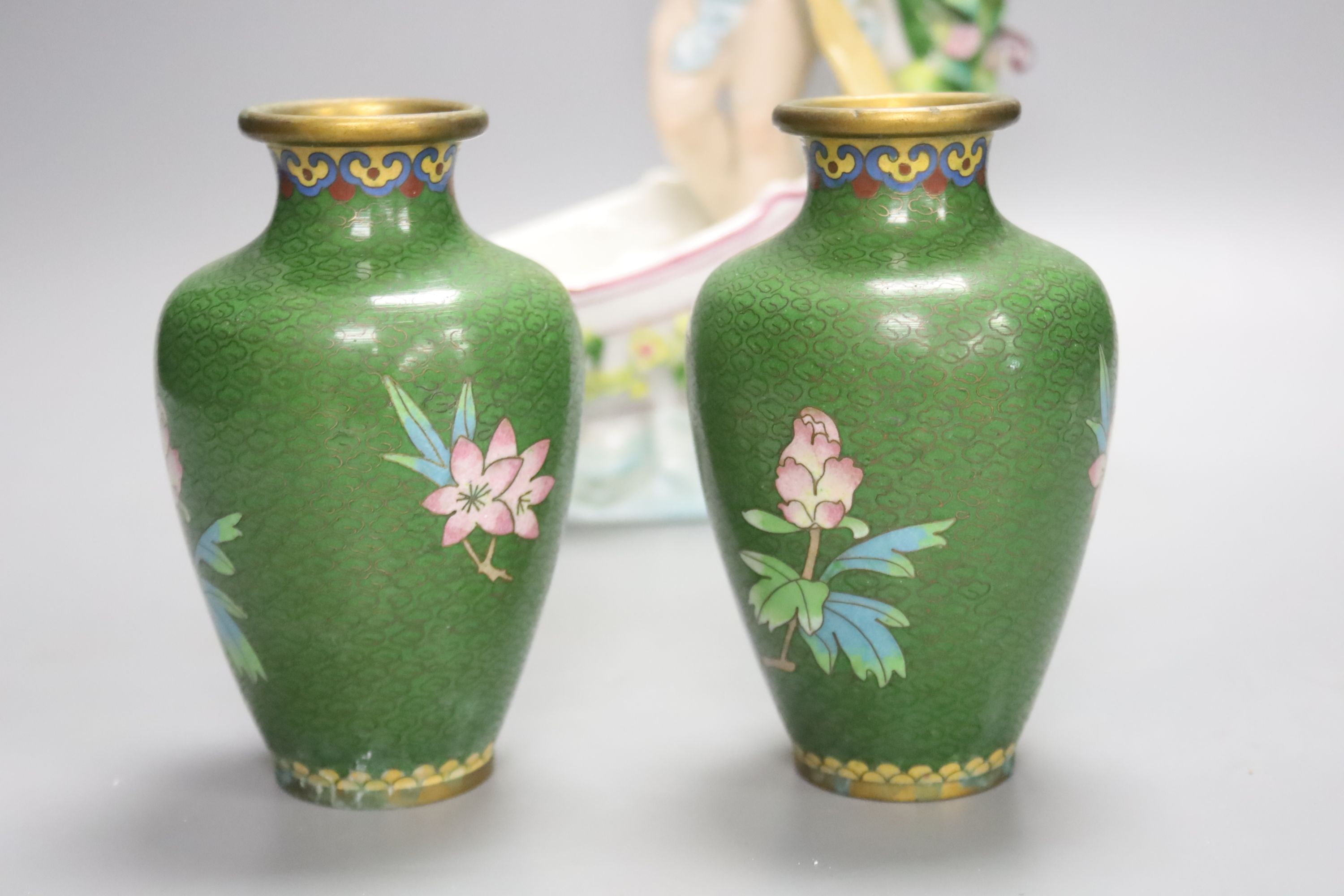 A Meissen style porcelain trinket box, a Royal Copenhagen vase, 9cm high, a cherub vase, 25cm high, and a pair of Chinese cloisonne enamel vases, 13cm high